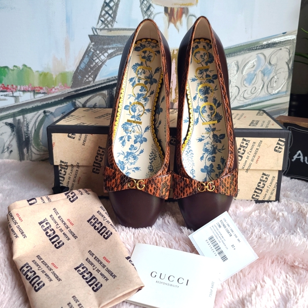 GUCCI Malaga Kid Elaphe Radiata Yva Leather GG Ballet with Snakeskin Bow